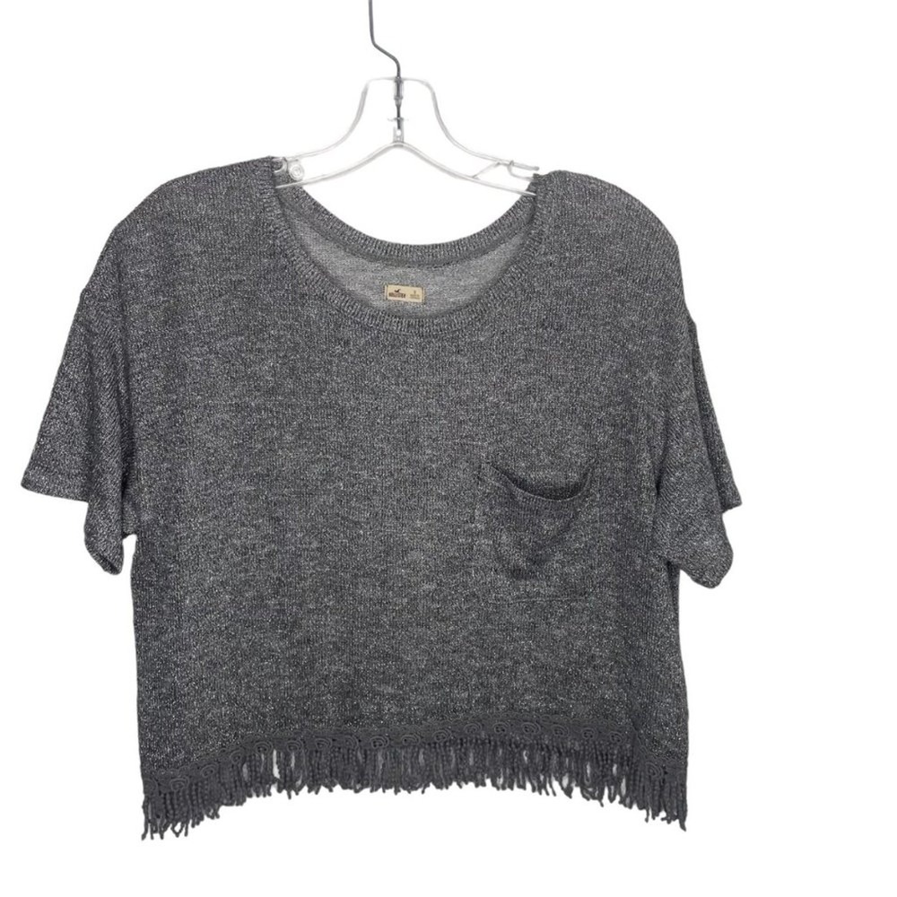 Hollister Metallic Knit Crop Top Gray Short Sleeve Fringe Hem Pocket Small